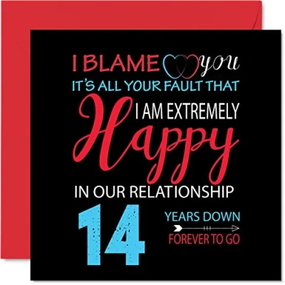 Afbeelding van Grappige 14e verjaardagskaart voor echtgenoot vrouw Your Fault I&#039;m Extremely Happy Gelukkige huwelijksverjaardagskaart partner, 145 mm x wenskaarten veertiende jubilea