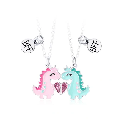 Afbeelding van Bixorp Friends BFF Ketting voor 2 met Dinosaurussen Zilverkleurig Roze &amp; Blauw Magnetische Vriendschapsketting Twee Helften Best Vriendschap Cadeau