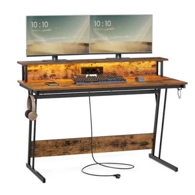 Afbeelding van VASAGLE bureau, speeltafel met ingebouwde stekkerdoos, computerbureau, monitorstandaard voor 2 monitoren, slaapkamer, 55 x 135 76 cm, vintage bruin LWD117K01