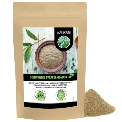 Afbeelding van zwarte peper gemalen (250g), 100% natuurlijk, natuurlijk zonder toevoegingen, veganistisch, peperkorrels