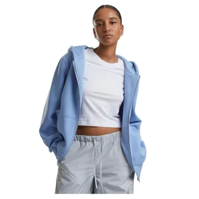 Afbeelding van Urban Classics Damestrui met capuchon, fluffy zip hoody, pluizige capuchontrui ritssluiting voor vrouwen, losse pasvorm, Powderblue, 3XL