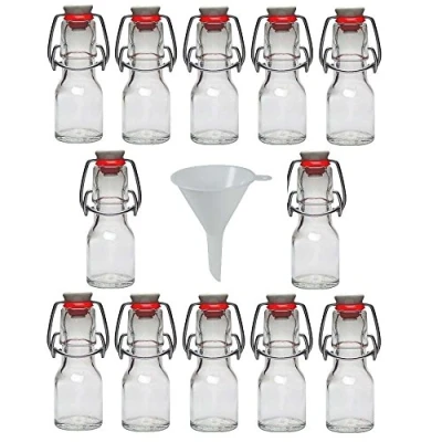 Afbeelding van Viva Haushaltswaren 12 x mini glazen flessen 50 ml met beugelsluiting van porselein om te vullen, als kleine likeurfles &amp; oliefles gebruiken (incl. trechter Ø 7 cm)