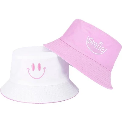 Afbeelding van Reversible bucket hat vissershoedje zonnehoed smiley paars/wit omkeerbaar