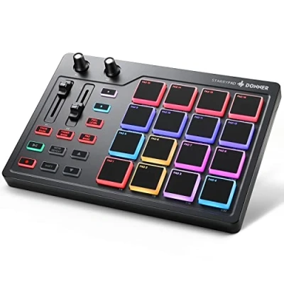 Afbeelding van Donner MIDI Pad Controller Toetsenbord USB Type C, Professionele Drum Machine Beat Maker met 16 Pads, out, 2 toewijsbare fader en knoppen (STARRYPAD MINI, zwart)