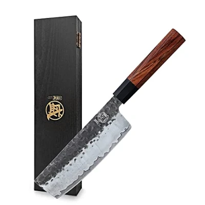 Afbeelding van MITSUMOTO SAKARI 18 cm Hand Gesmeed Keukenmes Professioneel, Japans Nakiri Koksmes, Hoog Koolstofstaal Scherp (Rozenhout Handvat &amp; Geschenkdoos)