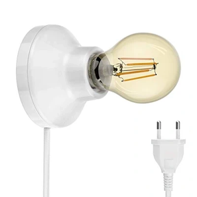 Afbeelding van ledscom.de E27 porseleinen fitting Elektra, rond met stekker en schakelaar, wit 90mm incl. lamp 471lm Gold Vintage extra warm