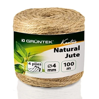 Afbeelding van GRÜNTEK Jute koord voor tuin, 4 mm dik, 100 m, bindgaren, tuinkoord, knutselkoord, rol met 100% jutegaren, natuurlijke kleur, pakketsnoer