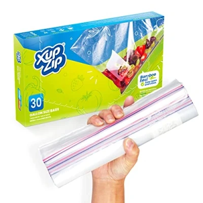 Afbeelding van 30 x Zware voedselopslag diepvrieszakken van XupZip™ 1,2 gallon grootte, herbruikbare ritssluitingszakken, luchtdicht en lekvrije bamboeafdichting