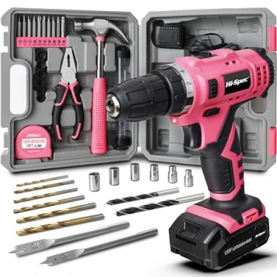 Afbeelding van Hi Spe 30 delige Roze 12V Accu Boor Driver &amp; Huishoudelijke DIY Gereedschapset. Snelle accuboormachine en schroevendraaier met essentiële handgereedschap accessoires