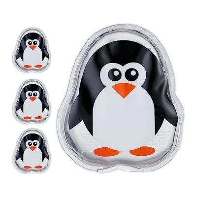 Afbeelding van Relaxdays hot cold pack kinderen, set van 4, koud warm kompres, pinguïn, HxB: 11 x 9 cm, gel, herbruikbaar, zwart/wit