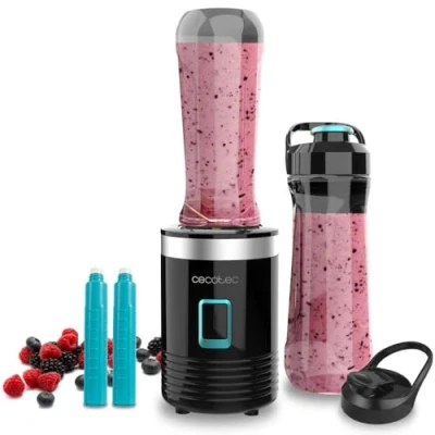 Afbeelding van Cecotec Individuele Draagbare Blender Power Titanium 300 EasyGo. 350W, Ijs Verpletteren, 4 Bladen met Zwarte Coating, Inclusief 2 Koelbuizen, Flessen en Deksel