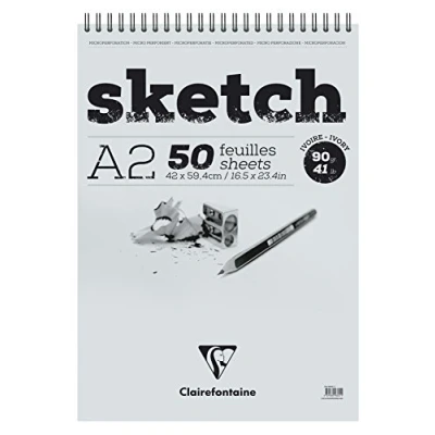 Afbeelding van Clairefontaine Ref 96641C Ivory Wirebound Sketch Pad (50 vellen) A2 (597 x 420mm) in formaat, 90gsm papier Geschikt voor schetsen met potlood, houtskool
