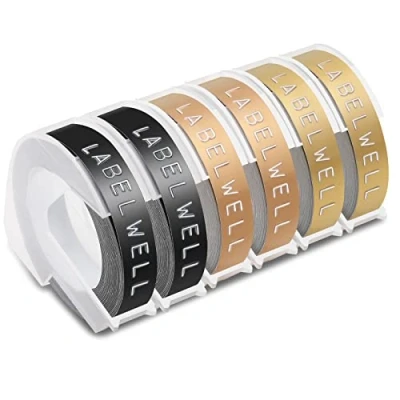 Afbeelding van Labelwell 6x 9 mm x 3 m compatibel 3D reliëftape, vervanging voor Dymo vinyl reliëfetiketten, zelfklevend Dymo, Omega labelprinter, junior reliëfapparaat E 303 101,
