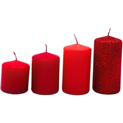 Afbeelding van Adventskaarsen, stompkaarsen, adventskranskaarsen, tafelkaarsen, blokkaarsen, tafelkaars in adventrood en rood glitter, levering 4 stuks, getrapt van L/B/H 5 x cm tot (l b h)
