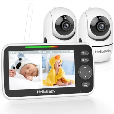 Afbeelding van HelloBaby Babyfoon met 2 camera&#039;s en nachtzicht, 5 &#039;&#039; splitscreen 26 uurs batterij, Pan Tilt Zoom Video Babyfoons, geen wifi, ECO, weg audio, 8 slaapliedjes, bereik van 1000 voet