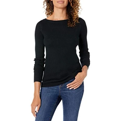 Afbeelding van Amazon Essentials Dames lichtgewicht geribbelde lange mouwen boothals slimfit trui, zwart, XL