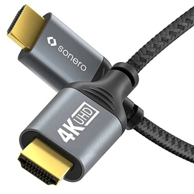 Afbeelding van Sonero® 4K HDMI kabel stekker naar stekker, 2.0, 60Hz, 2K 120Hz, katoenen mantel, grijs/zwart 1,00 meter