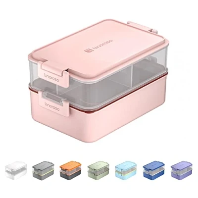 Afbeelding van lunchbox voor volwassenen, broodtrommel met 3 vakken, Bento Box sauzenhouder en servies, magnetron vaatwasser, kunststof, BPA vrij, als ontbijtbox, snackbox, saladebox, roze