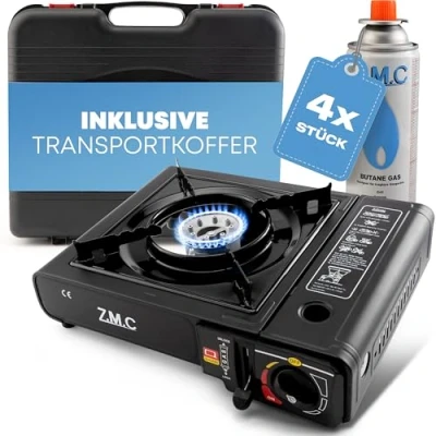Afbeelding van Z.M.C Gasfornuis 1 vlammig incl. adapter voor LPG + opbergkoffer 4 gaspatronen 227 g, campingkooktoestel buiten en binnen, campinggasfornuis 2,2 kW met piëzo ontsteking