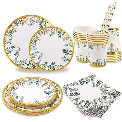 Afbeelding van CEILIWEN Groen Papier Plaat Set voor 25 Gasten, 125 STKS Salie Goud Party Servies, Groene Feestbenodigdheden Inclusief 9&quot; Papieren Diner Borden, 7&quot; Zijplaten, Wegwerp Bekers, Rietjes, Servetten