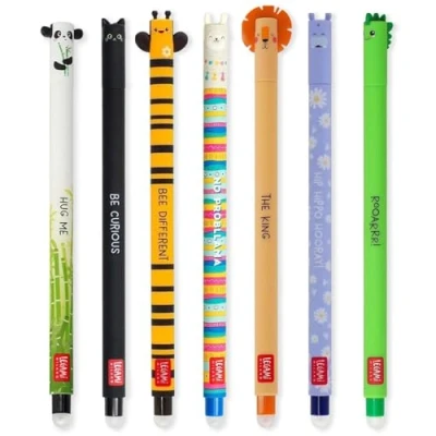 Afbeelding van LEGAMI Set van 7 uitwisbare gelpennen met thermogevoelige wisinkt, reeks inktkleuren en vatontwerpen, 0,7 mm tip, panda, kat, bij, lama, leeuw, nijlpaard dino ontwerpen