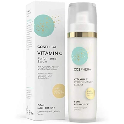 Afbeelding van Cosphera vitamine C Performance Serum hoge dosis 50 ml concentraatgel met hyaluronzuur voor gezicht, hals en ogen veganistische anti rimpel vochtbehandeling vrouwen mannen
