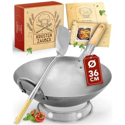 Afbeelding van KRUSTENZAUBER 36 cm wokpan inductie ronde bodem Traditionele stalen Wok met wokdraaier en wokring inductie, elektrisch, gas fornuis