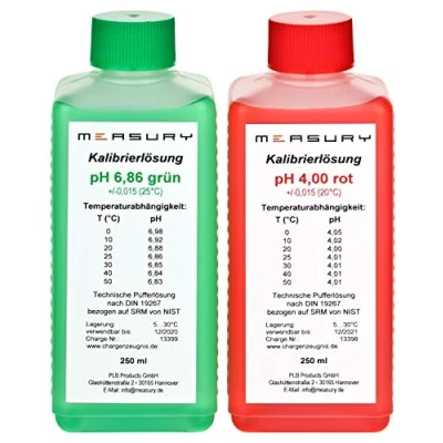 Afbeelding van Measury pH kalibratieoplossing 4.00 en 6.86, bufferoplossing elk 250 ml, ijkoplossing rood/groen, kalibratievloeistofset, ijkvloeistof