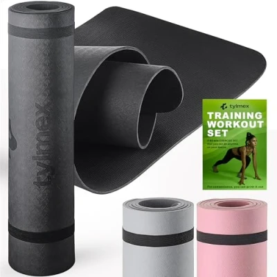 Afbeelding van Tylmex Yogamat, dun, 0,6 cm, TPE, antislip, milieuvriendelijk, licht en draagbaar, ideaal voor yoga, pilates, fitness gymnastiekmat thuis buiten, zwart