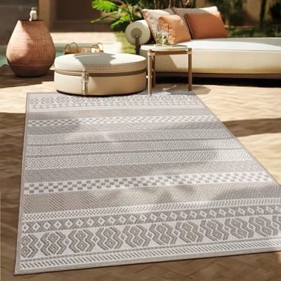 Afbeelding van Paco Home In &amp; Outdoor Vloerkleed Balkon Terras Keukenvloerkleed Modern Boho Ethno Patroon, Maat:160x220 cm, Kleur:Beige