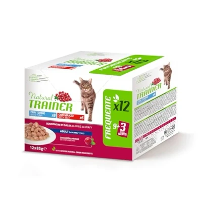 Afbeelding van Natural Trainer Natvoer voor volwassen katten, multipack, tonijn en rundvlees, 12 x 85 g