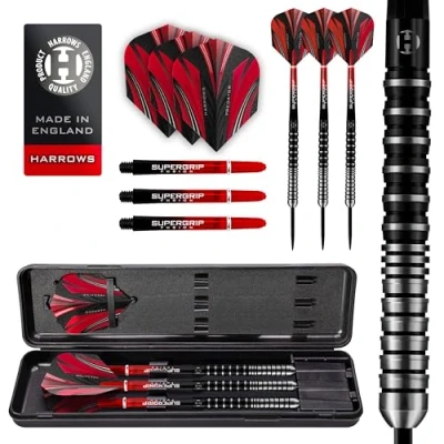 Afbeelding van Harrows Predator 90% Tungsten Steel Tip Dartsset 22 g, 23 24 g en 25 Inclusief Ultra Traction Grip, Supergrip Fusion Shafts, Prime Flights reiskoffer (22G)