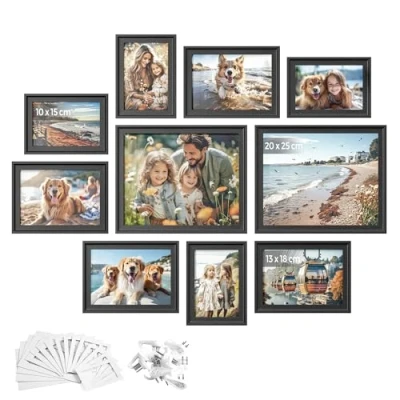 Afbeelding van SONGMICS fotolijsten met 16 matten, set van 10, twee 8x10, vier 5x7, 4x6 frames, hangend of tafelblad, MDF en glas, 12 niet sporen nagels, aszwart RPF049B01