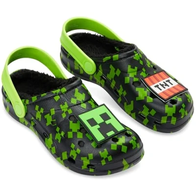 Afbeelding van Minecraft Clogs voor jongens met pluche fleecevoering en bedels, ideaal als tuinclogs of kinderpantoffels, zwart groen, 32/33 EU