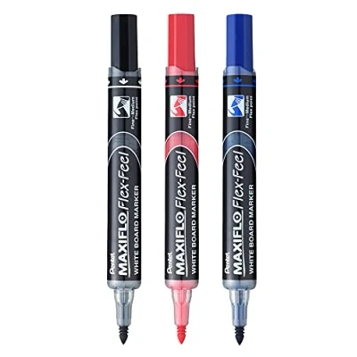Afbeelding van Pentel MWL5SBF Maxiflo Flex Feel whiteboard marker, flexibele punt, 3 stuks (zwart, rood, blauw)