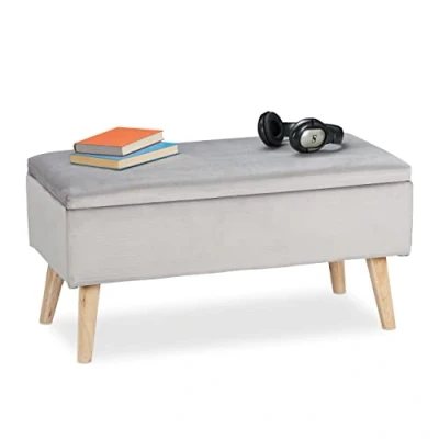 Afbeelding van Relaxdays opbergbank velours, zitbank met opbergruimte, 40 L, houten poten, halbankje voor 2, 41x80x40 cm, lichtgrijs