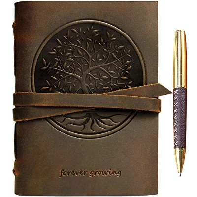 Afbeelding van Leren Notitieboek voor Mannen en Vrouwen met Levensboom in Reliëf, 18 x 13 cm Lederen Dagboek Vintage Leer Gebonden Notitieboekje Pen 300 Ongevoerd Pagina&#039;s Handgemaakt Reisdagboek Schetsboek
