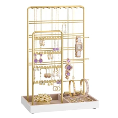 Afbeelding van SONGMICS Sieradenstandaard, sieradenhouder, metalen frame, fluwelen sieradenlade, sieradenopslag voor kettingen, armbanden, oorbellen, stekers en ringen, cadeau idee, lichtgoud kameelbruin JJS028A01