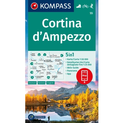 Afbeelding van 55 cortina d&#039;ampezzo: 5in1 Wanderkarte, mit Panorama, Aktiv Guide und Detailkarten inklusive Karte zur offline Verwendung in der KOMPASS App. Fahrradfahren. Skitouren.