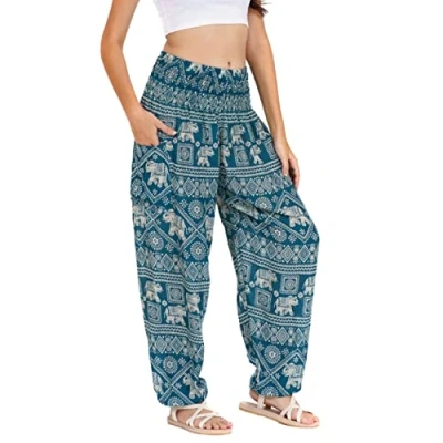 Afbeelding van LOFBAZ Harembroek voor Vrouwen Yoga Boho Hippie Kleding Dames Palazzo Bohemien Pyjama Strand Indiase Zigeuner Genie Olifant 1 Groenblauwe M