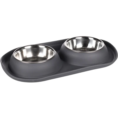 Afbeelding van &quot;Hondenvoerbak &amp; Drinkbak Dubbel met houder Grijs&quot; Grijs / 2 x 220ml 34 19 3,50 cm
