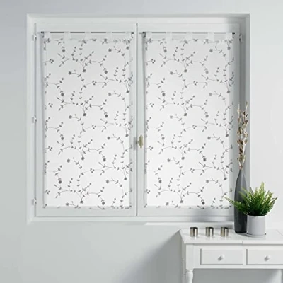 Afbeelding van douceur d&#039;intérieur, 1 paar gordijnen met lussen (2 x 60 160 cm) kleine bloem wit/grijs, geborduurde gezandstraalde voile