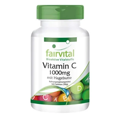 Afbeelding van Fairvital Vitamine C 1000mg met rozenbottels HOOG GEDOSEERD 500 tabletten VEGAN maagvriendelijk 1,5 jaar voorraad verpakking