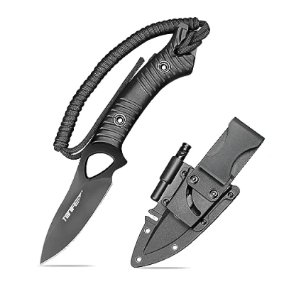 Afbeelding van TONIFE Explorer Vast Mes Met Schede 8Cr14MoV mes, Glasvezelversterkt Nylon Handvat Voor EDC Buitenmes (Zwart + Zwart Titanium Gekartelde Randen)