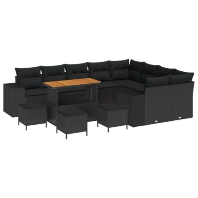 Afbeelding van vidaXL 13 Delige Tuin Sofa Set met Kussens Zwart Poly Rattan Acacia, 4 Eettafelset Acacia