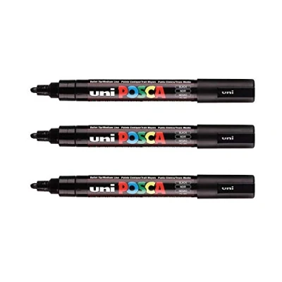 Afbeelding van Mitsubishi Pencil 3 Zwarte Posca Markers PC5M Conische Punt Medium Verfmarker op Waterbasis Tout Support Pour Papier, Textile, Verre, Galet, Bois, etc.