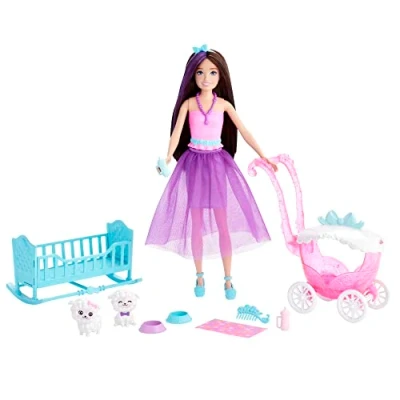 Afbeelding van Skipper Pop en verzorgende speelset Kinderspeelgoed Brunette met fantasielook Tutu Baby lammetjes wandelwagen, wieg accessoires, HLC29