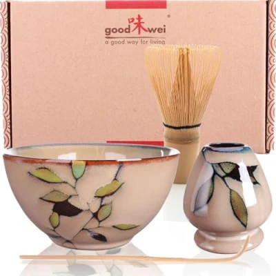 Afbeelding van Matcha Set Japanse Theeset Ceremonie Kit met en moderne Schaal, Matchaklopper Chasen Houder (Gurei, 80) (80, Bamboo)