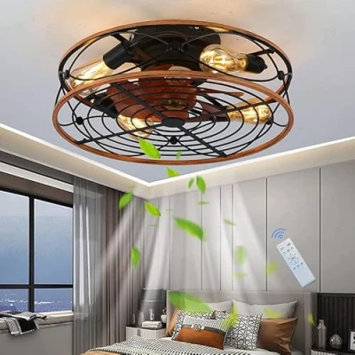 Afbeelding van E27 Plafondventilator Met Verlichting En Afstandsbediening Retro Ventilator Plafondlamp Slaapkamer Fan Plafondverlichting Stille Licht Vintage Ijzeren Kooi Hang Woonkamer Eetkamer Lamp