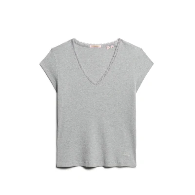 Afbeelding van Superdry Essential TRIM Vneck Tshirt print, Dames, Maat: 38, Grey marl